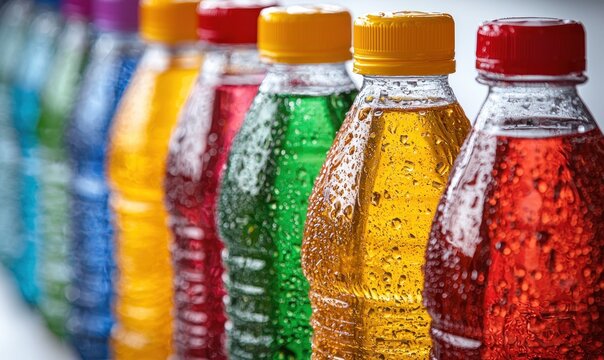 A row of colorful, chilled bottled drinks with condensation