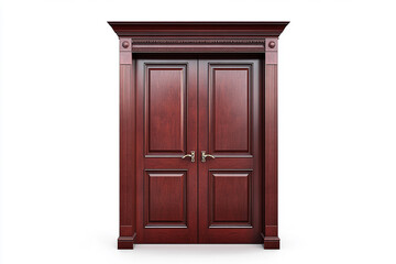 A wooden door with two leaves, in a red wood grain color