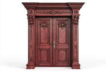 A wooden door with two leaves, in a red wood grain color