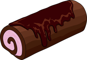 Sweet chocolate syrup flowing over a roll cake filled with strawberry jam