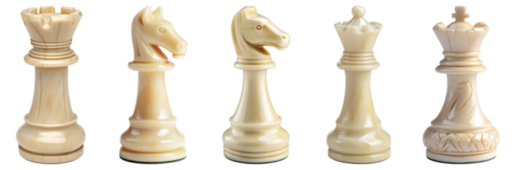 Classic Chess Pieces in Ivory Color with Intricate Carvings, Isolated on Transparent, white background