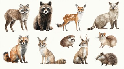 Fototapeta premium Forest animals. Wolf, raccoon and fox, bear and owl, deer, squirrel and hedgehog, hare and beaver, elk. Wildlife isolated set illustration , no logos, no brands