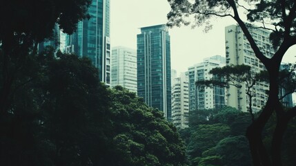 Urban skyline with modern skyscrapers surrounded by lush greenery in a tranquil park setting