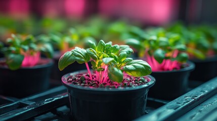 Vibrant basil plants growing under led lights in indoor hydroponic garden
