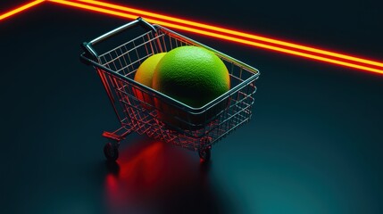 A vibrant shopping cart filled with oranges, illuminated by neon red lights in a dark setting