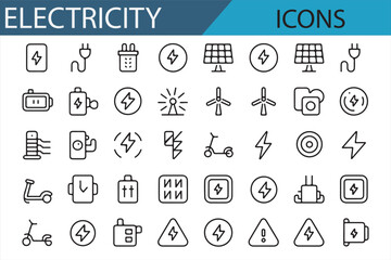 A collection of icons related to electricity, including plugs, electrical symbols, safety signs, and tools. Ideal for energy, electrical engineering, and safety projects.
