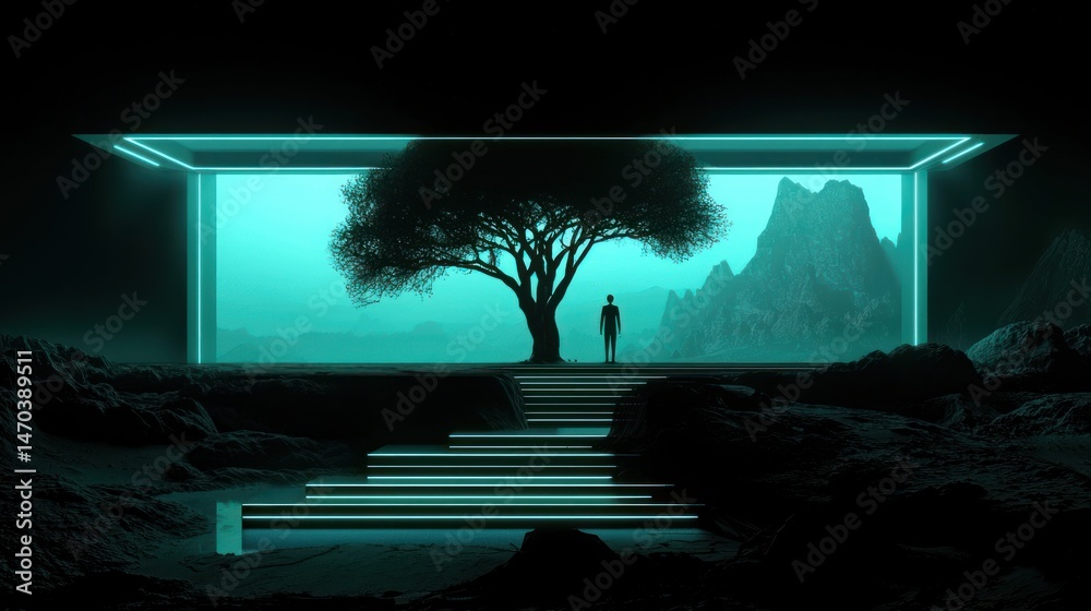 Poster silhouette of a person before tree and window of mountain views