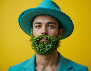 man with a beard made of fresh leaves wearing a blue hat and matching jacket on a bright yellow background for st patrick day celebration and springtime concept