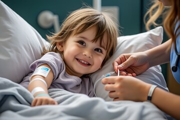 Smiling child receiving care from nurse in hospital bed  