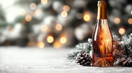 Festive bottle of sparkling beverage surrounded by pine cones and snow