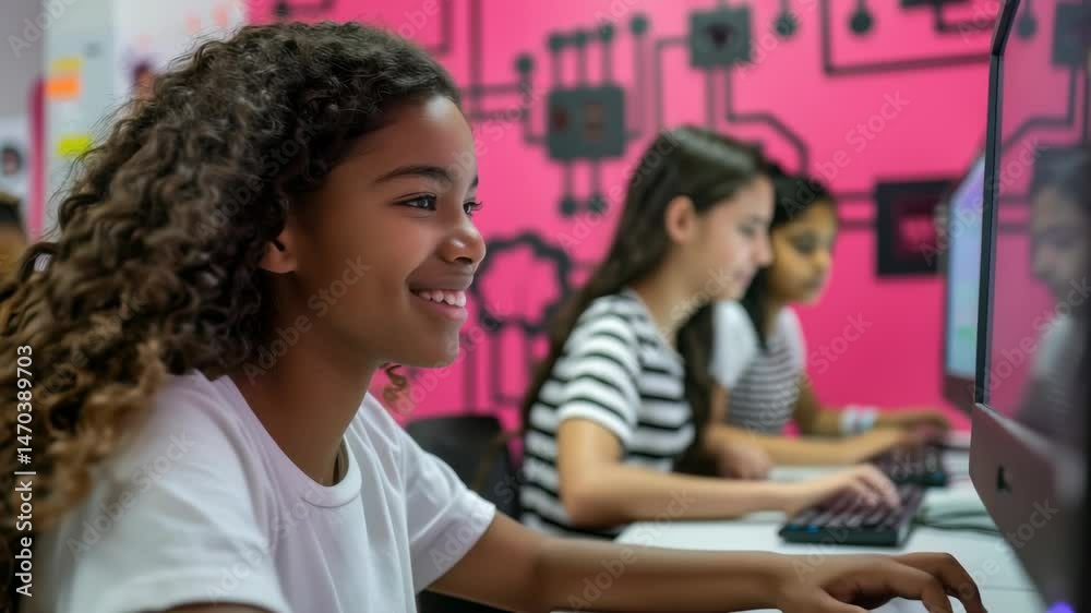 Poster A happy girl with curly hair is typing on a computer, her classmates are in the background in a modern computer lab. The pink walls have tech-inspired doodles for a creative atmosphere.
