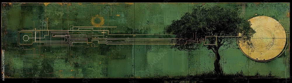 Poster A digital artwork of tree and circuitry elements