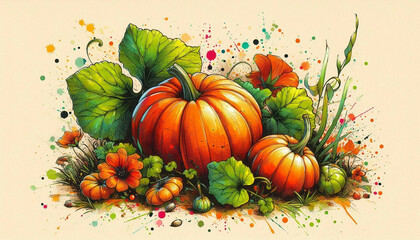 Watercolor pumpkin. Abstract floral arrangement with orange pumpkin.	