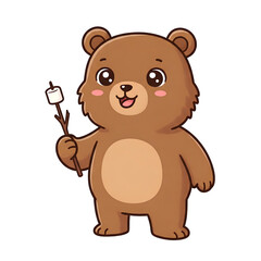 Fototapeta premium Adorable brown bear cub cartoon character roasting a marshmallow on a stick against a transparent background perfect for children's book illustrations, greeting cards, or apparel designs.