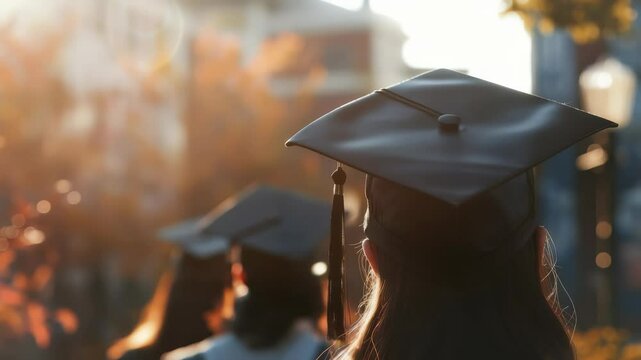 Graduates in academic attire, seen from behind, gather in the warm sunlight during a graduation ceremony. The scene captures a sense of accomplishment and excitement for the future.