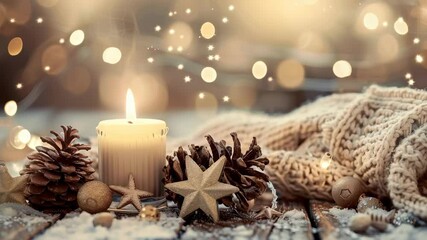 Warm candle light, pine cones, star ornaments, and a cozy, knitted sweater create a festive and inviting holiday scene. Sprinkled snow enhances the winter ambiance on a wooden table top. - Powered by Adobe