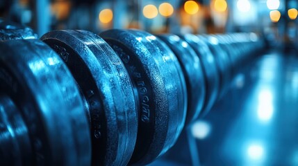 Close up of weightlifting plates in a gym setting with blue lighting