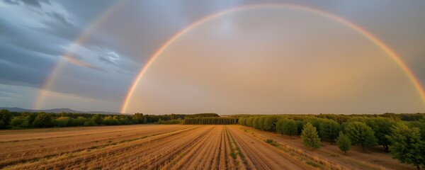 Obraz premium drone shot of a rainbow over a field after rain, vivid colors from above