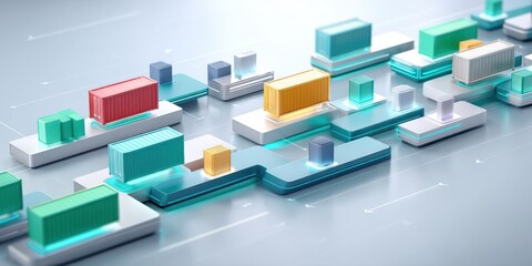 Colorful shipping containers arranged on futuristic digital platforms, representing logistics, global trade, and supply chain management in a modern, abstract style.