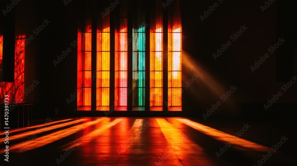 Poster Light streams through a multicolored glass window creating striking shadows