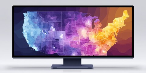 A wide computer monitor displays a colorful, segmented map of the United States with a gradient from blue to yellow.