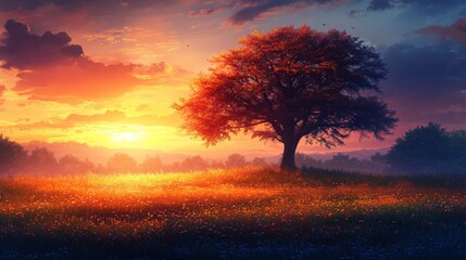 Stunning sunset over a tranquil landscape featuring a lone tree and vibrant sky
