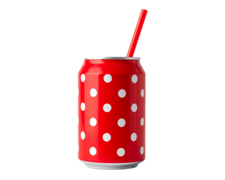 A red can with white polka dots, a straw inside isolated on a transparent background