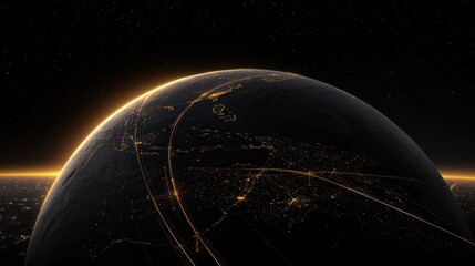 A dark Earth globe illuminated with bright city lights and lines