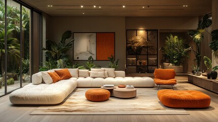 Modern living room with a spacious layout featuring orange accents, surrounded by lush greenery