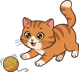 Fototapeta premium Cute playful brown tabby cat chasing yarn ball vector illustration in cartoon style for pet and animal designs 