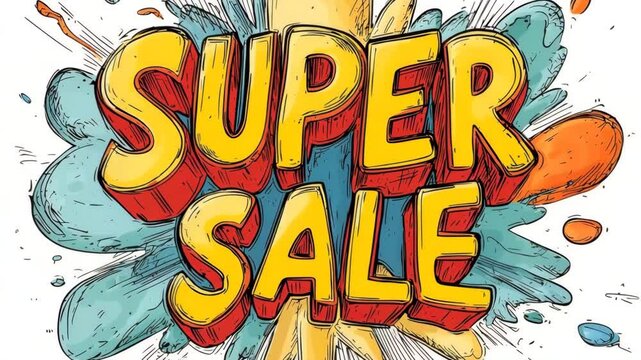 Bold yellow and red SUPER SALE lettering pops out of a splashy hand-drawn comic-style burst in blue, orange, and teal, ideal for energetic promotional visuals