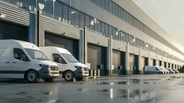 A modern fleet of white delivery vans sits parked outside a large, contemporary warehouse, awaiting their next shipment. The sleek architecture and wet pavement add to the industrial setting.