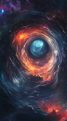 A swirling vortex of cosmic nebulae surrounding a celestial sphere.