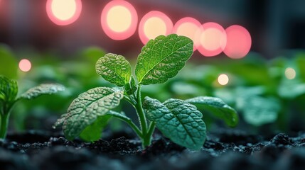 Close up of green seedling with blurred background lights in indoor grow setting