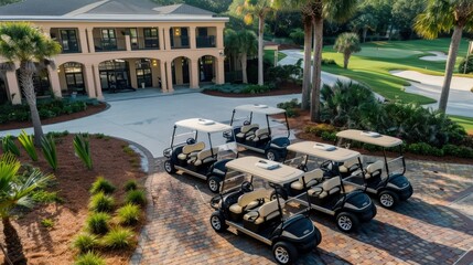 Elegant golf cart service with luxury vehicles in a landscaped setting designed for leisure and outdoor activities