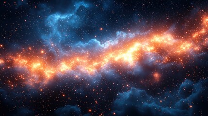 Naklejka premium A vibrant nebula swirls with fiery orange and cool blue hues, speckled with glittering stars across a dark cosmic backdrop