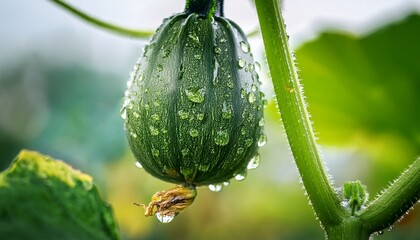 close up of a dew laden green pumpkin developing on a vine
