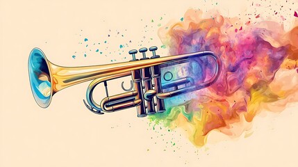 Brass trumpet illustration with abstract colorful cloud on light background