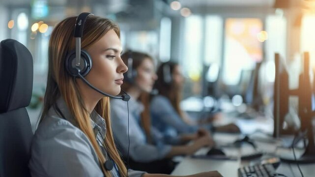 A customer service professional wearing a headset assists customers, working in a busy, modern office. This demonstrates professional communication and customer support.