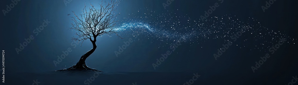 Poster a lonely tree releasing sparkling stardust across the dark background