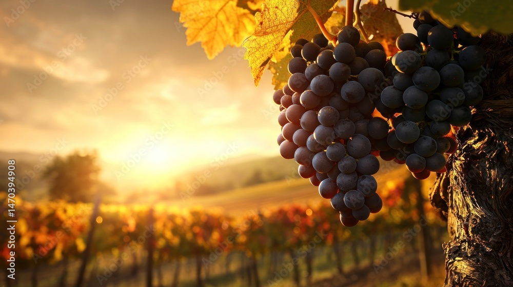 Poster a close up view of ripe grapes in a vineyard