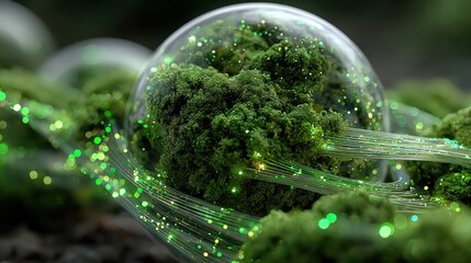 a floating orb of green forest data, held by glowing energy wires in dark cyberspace 