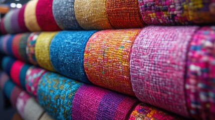Colorful rolls of fabric displayed in a textile store