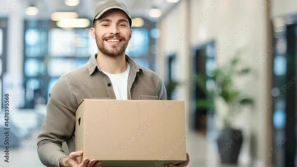 Poster A smiling man in a cap and jacket is holding a large cardboard box inside what appears to be a modern office lobby, suggesting he is a delivery person making a delivery.
