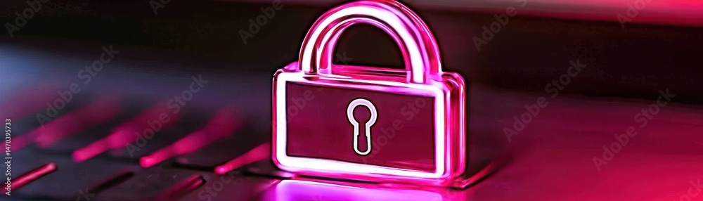 Poster Glowing pink padlock icon displayed atop a black computer keyboard