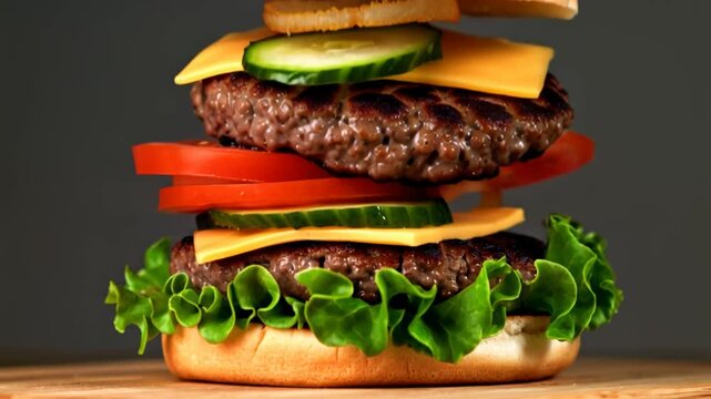 Burger ingredients fall in slow motion, stacking into a perfect layered hamburger. Juicy patties, lettuce, tomato, cheese, and pickles build an appetizing meal.