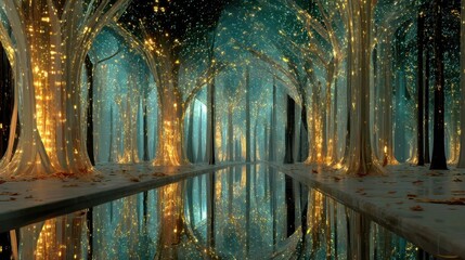 a forest made of transparent glass trees with glowing binary flowing inside the trunks 