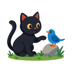 Cute black cat interacting with a small blue bird perched on a rock. Colorful cartoon style illustration with grass elements and white background.