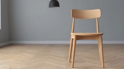 Minimalist Wood Chair on Parquet Flooring with Gray Wall and Pendant Lighting, Interior Design.