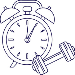 A minimalistic line drawing shows an alarm clock with a dumbbell, on transparent backdrop